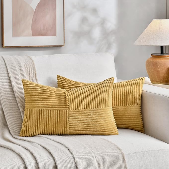 Fancy Homi 2 Packs Mustard Yellow Decorative Throw Pillow Covers 16x26 Inch for Living Room Couch Bed, Rustic Farmhouse Boho Home Decor, Soft Striped Corduroy Rectangle Accent Cushion Case 65x40 cm
