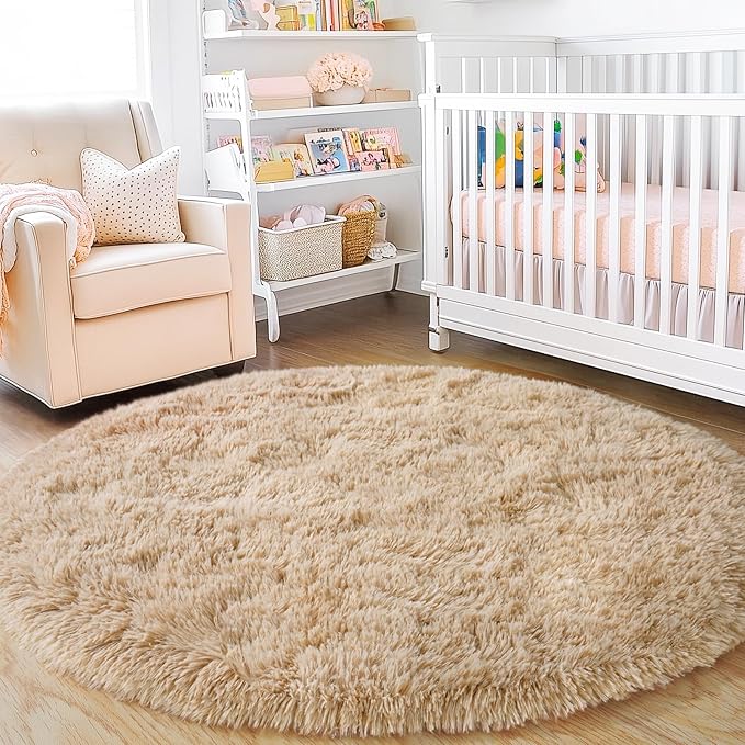 5'x5' Beige Round Rug for Bedroom, Ultra Soft Fluffy Circle Rug for Kids Girls Boys Room, Cute Shag Rugs for Living Room Playroom Tent Castle Home Decor Rug