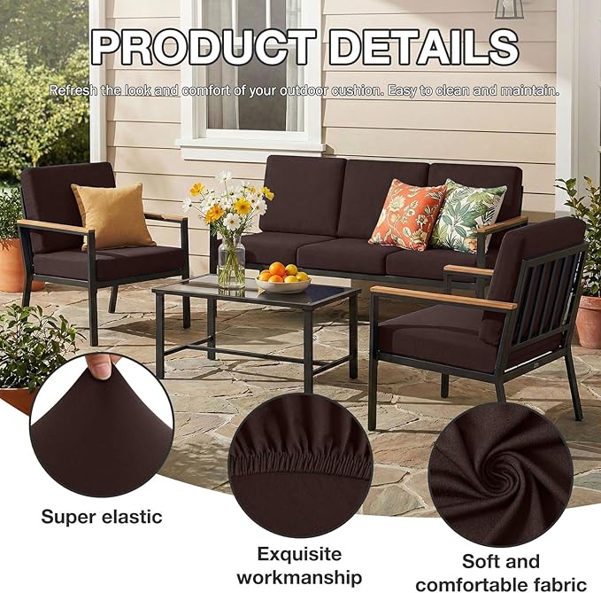 hyha 12Pcs Patio Cushion Covers, Stretch Outdoor Couch Cushion Covers Replacement, Washable Outdoor Chair/Sofa Slipcovers for Patio Furniture Cushions Protector with Elastic Bottom(Coffee,Cover Only)