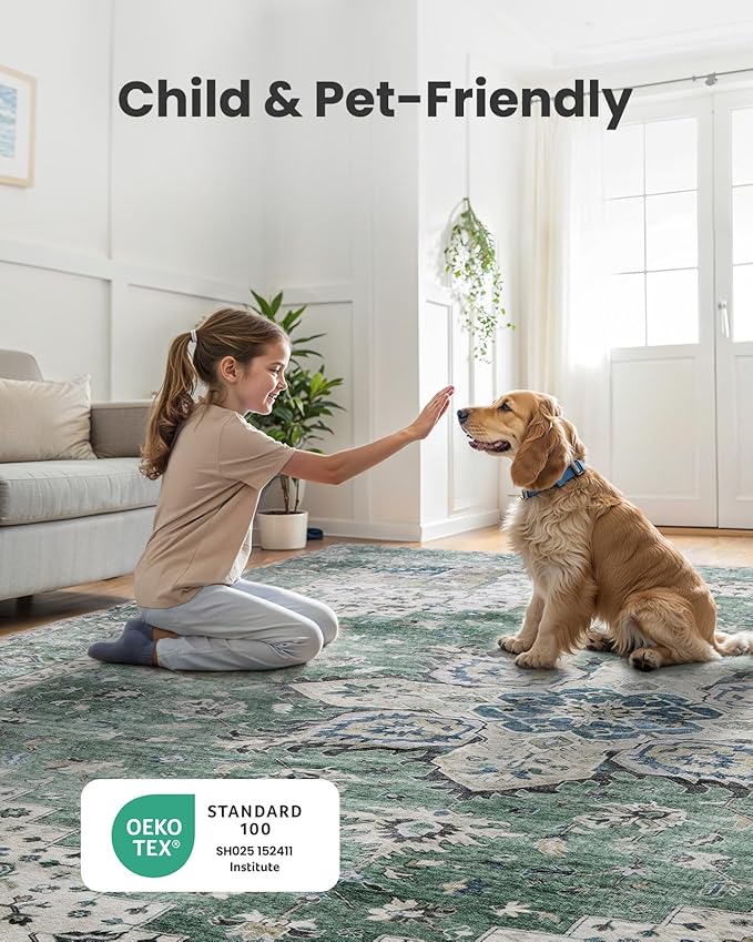 AMADA HOMEFURNISHING Round 6ft Area Rugs, Blue Low-Profile Washable Rug with Non-Slip Backing & Durable Edge Binding, Vintage Rugs for Living Room, Bedroom, Dinning Room