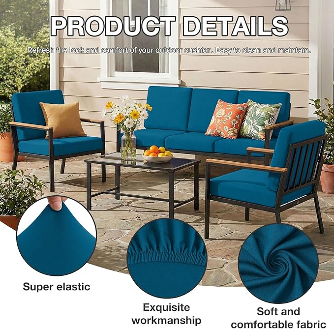 hyha 4Pcs Patio Cushion Covers, Stretch Outdoor Couch Cushion Covers, Washable Outdoor Chair/Sofa Slipcovers for Patio Furniture Cushions Protector with Elastic Bottom(Peacock Blue,Cover Only)