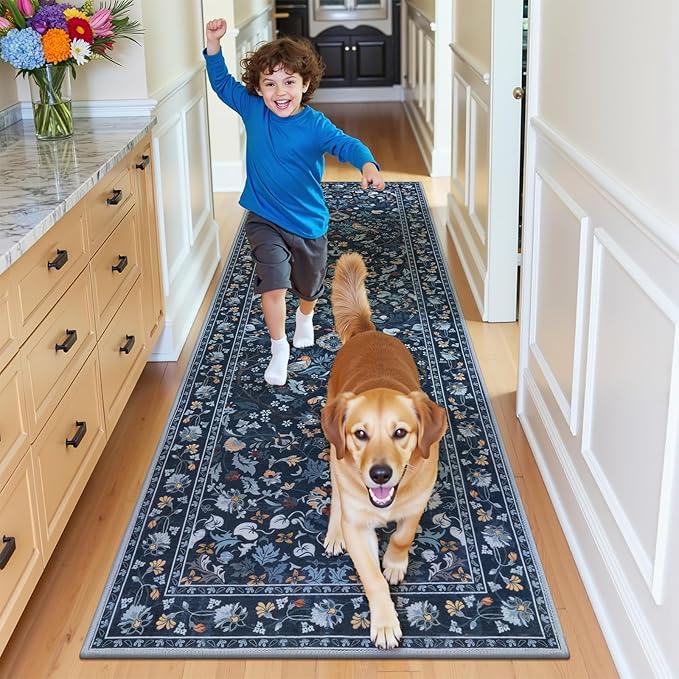 HEBE Washable Hallway Runner Rug 2'x 6' Non Slip Kitchen Rugs Runner,Low Pile Entryway Rug Laundry Room Mat Floral Carpet Runners for Hallways, Kitchen,Bathroom,Laundry,Bedside Rug