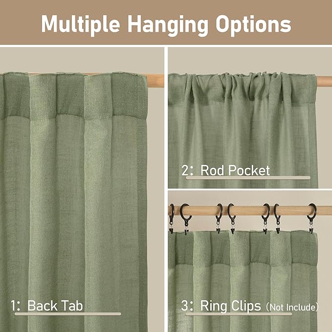 LAMIT Sage Green Linen Curtains 63 Inch for Bedroom, Light Filtering Neutral Semi Sheer Window Curtains Back Tab and Rod Pocket Christmas Panels, 2 Panels, 52 x 63 Inch