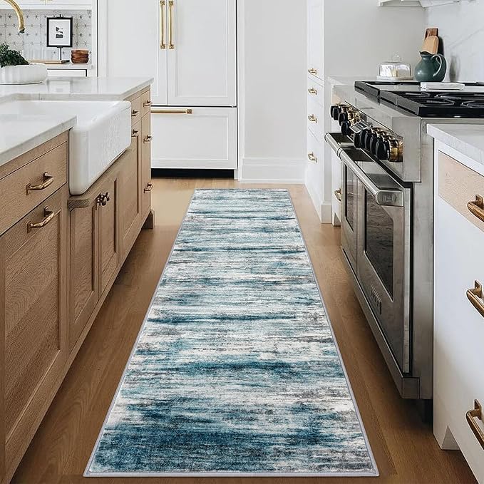 KOZYFLY Modern Abstract Hallway Runner Rug, 2.6x8 Washable Rug Runner Non-Slip Soft Striped Kitchen Runner Rugs, Print Light Blue Carpet Runner for Entryway Bathroom Laundry Room Foyer
