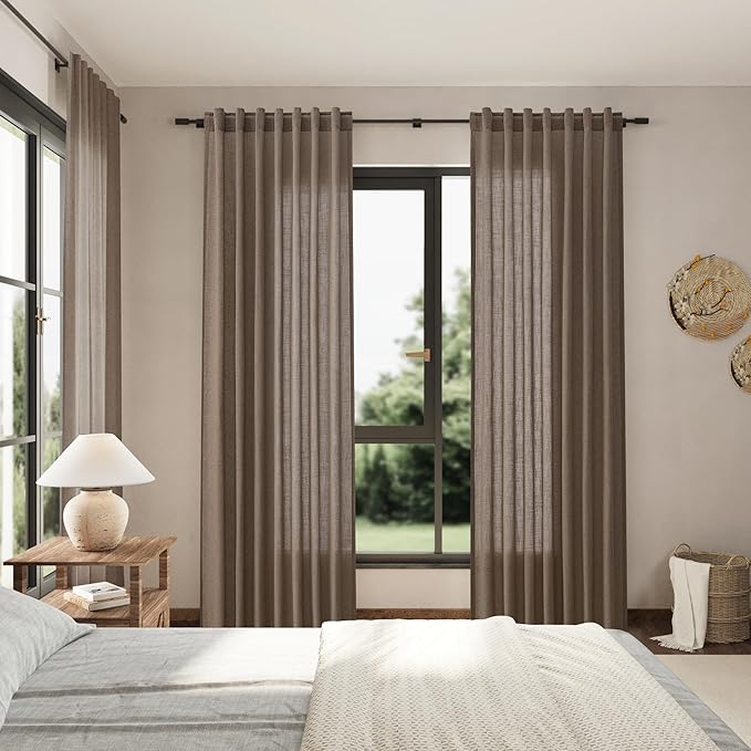 Nanspring Light Brown Semi Sheer Linen Curtains 72 Inch Length for Living Room Back Tab Rod Pocket Modern Farmhouse Coastal Decor Cotton Textured Gauze Curtains 72 Inches Long for Dining Room Office