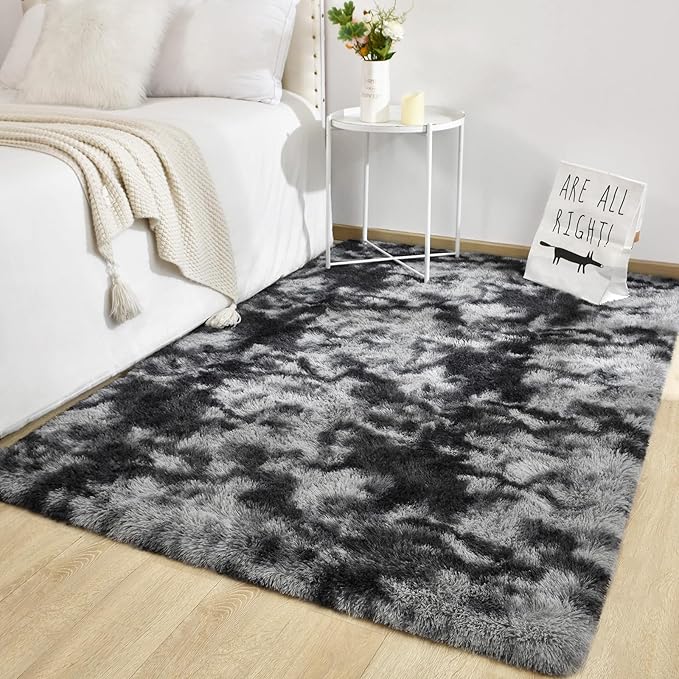 TWINNIS Super Soft Shaggy Rugs Fluffy Carpets 5x7 Feet, Indoor Modern Plush Area Rugs for Living Room Bedroom Kids Room Nursery Home Decor, Upgrade Anti-Skid Fuzzy Rug, Black and Grey