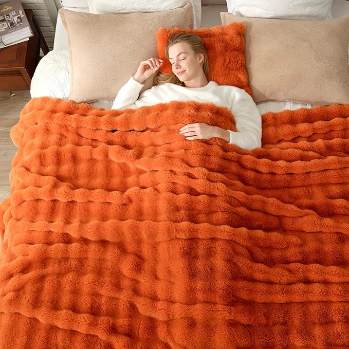 Cozy Bliss Faux Fur Throw Blanket for Bed King Size, Bubble Plush Blanket, Fuzzy Soft & Thick Blanket for Fall Bed Sofa Living Room, 108x90 Inches Halloween Burnt Orange