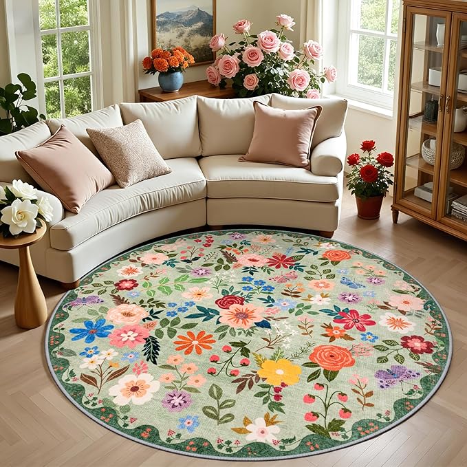 Round Area Rug for Living Room: 6 ft Floral Washable Circle Rug Soft Boho Non-Slip Carpet Indoor Stain Resistant Low Pile Small Circular Rug for Bedroom Entryway Kitchen Nursery Home Office Green