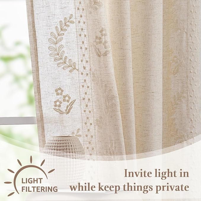 jinchan Belrose Linen Floral Cafe Curtains 45 Inch Length Embroidered Farmhouse Curtains for Kitchen Bedroom Bathroom Small Windows Curtain Set Light Filtering 2 Panels Ivory