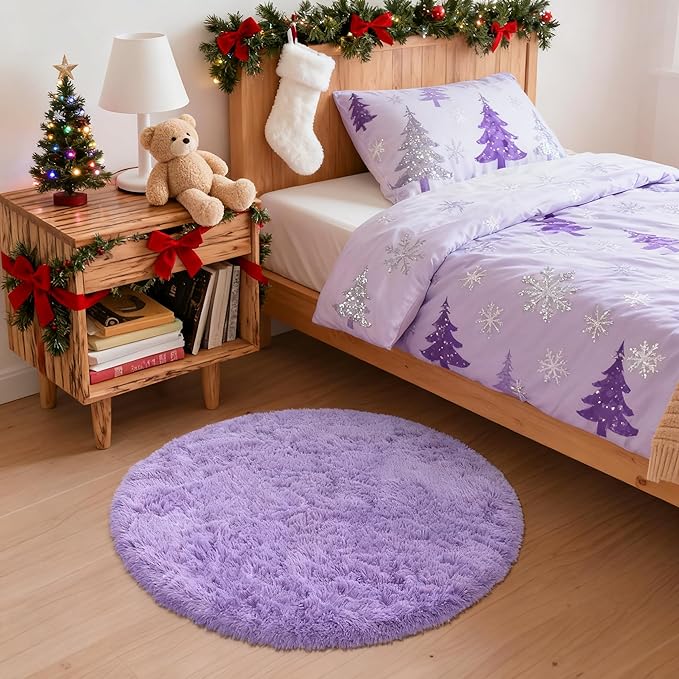 OLANLY Light Purple Round Rugs for Bedroom - Machine Washable, 2 ft Circle Area Rugs for Living Room, Soft and Fluffy Shaggy Carpet for Teen Girls and Boys, Nursery Rooms, Dorms, Home Decor Aesthetic