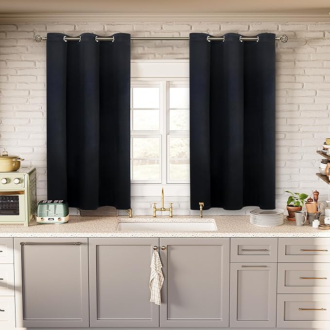BGment Black Short Blackout Curtains for Small Windows, 38 x 45 Inch Thermal Insulated Tier Set of 2 Panels Sun Blocking Drapes for Kitchen Bedroom