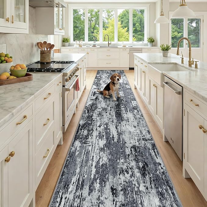 Washable Area Rugs 2'6'' x14 Non-Slip Modern Abstract Soft for Living Room Entryway Bedroom Nursery, Print Pattern, Black Navy Blue Gray