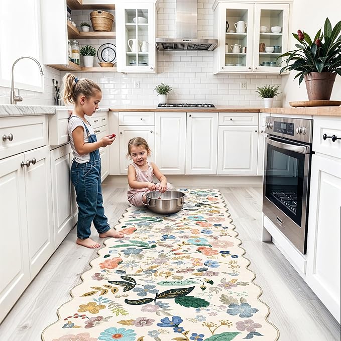 Washable 2x8 Hallway Runner Rug: Vintage Water-Resistant Floral Scalloped Kitchen Entryway Rug Ultra Soft Living Room Bedroom Carpet Non-Slip Indoor Floor Mat for Bathroom Dining Room(2x8,Cream)