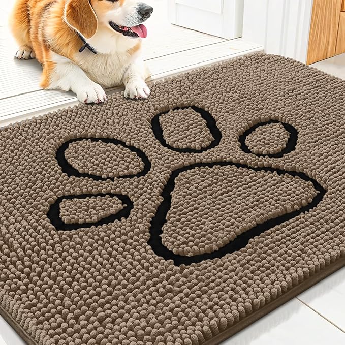 Smiry Dog Door Mat for Muddy Paws, Absorbent Dirt Trapper Non Slip Quick Dry Washable Chenille Mat for Mud Dogs, Entry Rug for Indoor and Outdoor (30x20 Inches, Camel and Black)