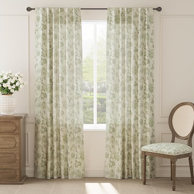 jinchan Linen Floral Curtains for Living Room with Printed Flower 84 Inches Long Light Filtering French Country Back Tab Rod Pocket Sage Green Window Curtain Set Farmhouse Drapes 2 Panels