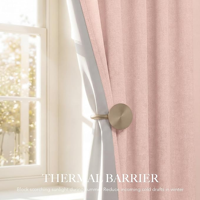 RYB HOME Pink 100%Blackout Linen Curtains for Girl's Room W52 x L84, Thermal Insulated &Privacy Assurd Curtains for Bedroom/Nursery/Living Room, Rod Pocket&Back Tab Drapes Boho Vintage Style, 2 Panels