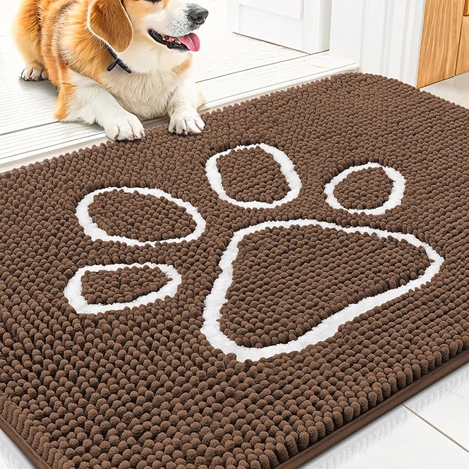 Smiry Dog Door Mat for Muddy Paws, Absorbent Dirt Trapper Non Slip Quick Dry Washable Chenille Mat for Mud Dogs, Entry Rug for Indoor and Outdoor (30x20 Inches, Coffee and White)