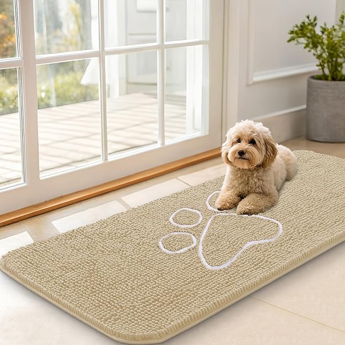 OLANLY Dog Door Mat for Muddy Paws 47x20, Paw Print Design, Absorbs Moisture and Dirt, Absorbent Non-Slip Washable Doormat, Quick Dry Chenille Mud Mat for Dogs, Entry Indoor Entryway Carpet, Beige