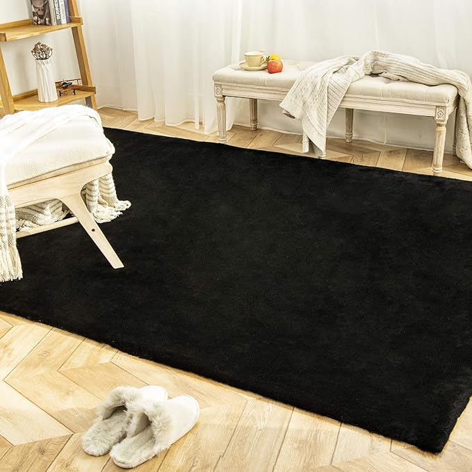 Ashler Faux Fur Rug, Ultra Soft Faux Rabbit Fur, Black Area Rugs, 6 x 9 Feet Rectangle, Machine Washable Nursery Decor Throw Rugs for Bedroom, Kids Room, Living Room