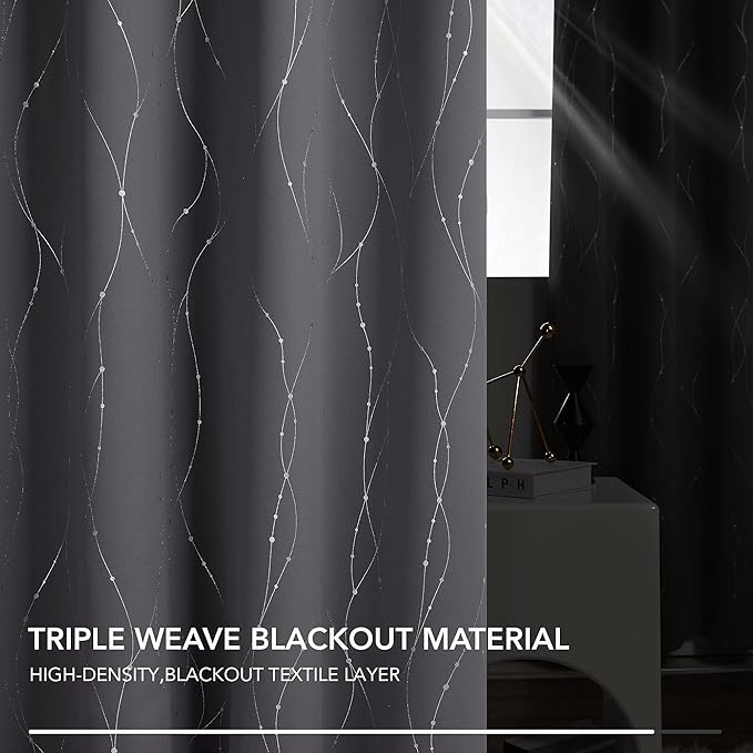 Deconovo Grey Blackout Curtains for Bedroom, Thermal Insulated Soundproof Drapes, Wave Dots Foil Print, 38 x 84 Inches Long, 2 Panels, Machine‑Washable Privacy Window Panel for Living Room Patio Door