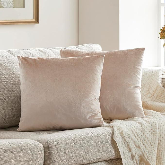 GIGIZAZA 16x16 Beige Pillow Covers: Pack of 2 Champagne Vintage Throw Pillows Super Soft Velvet Covers - Decorative Elegant Square Small Solid Cushion Covers Used for Couch,Living Room,Bedroom