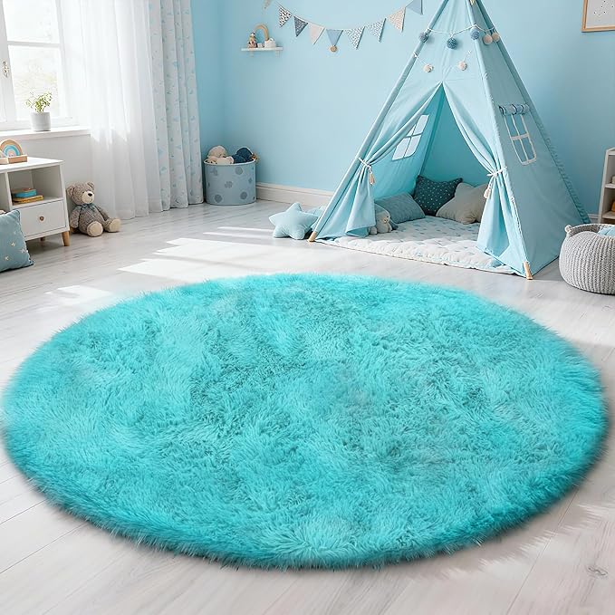 yulidayang Soft Round Area Rug for Kids Bedroom, Fluffy Fuzzy Shaggy Rug 5'X5'for Living Room, Non Slip Circle Plush Rug for Girls Room Nursery Dorm Decor,Light Blue
