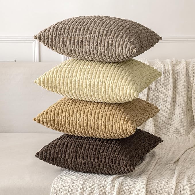 MIULEE Pack of 2 Corduroy Decorative Euro Sham Throw Pillow Covers 24x24 Inch Soft Boho Striped Pillow Covers Modern Farmhouse Home Decor for Sofa Living Room Couch Bed Beige