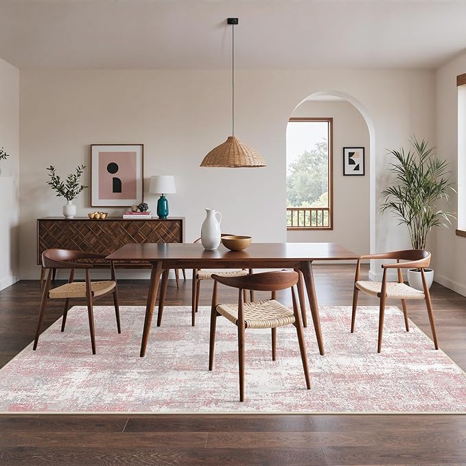 Area Rugs 5x7 for Living Room Bedroom, Modern Abstract Machine Washable Rug, Large Soft Low Pile Floor Carpet with Non Slip Backing for Dining Room, Pink/Grey