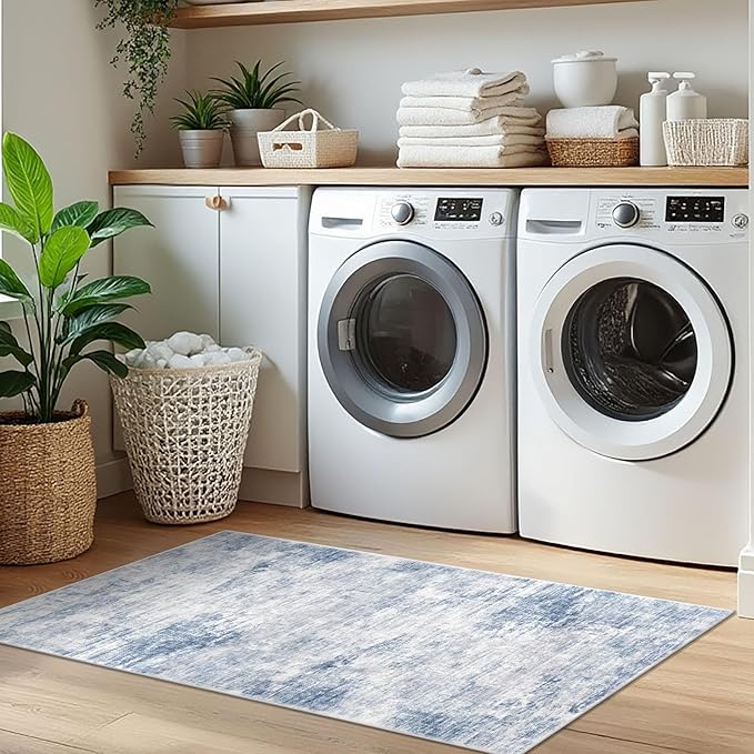 IOHOUZE Abstract Runner Rug 2x5 Ft Washable Runners for Hallways, Non Slip Kitchen Runner Printed Faux Wool Entryway Runner Indoor, Modern Floor Carpet for Hall Kitchen Bedroom, Light Blue Grey