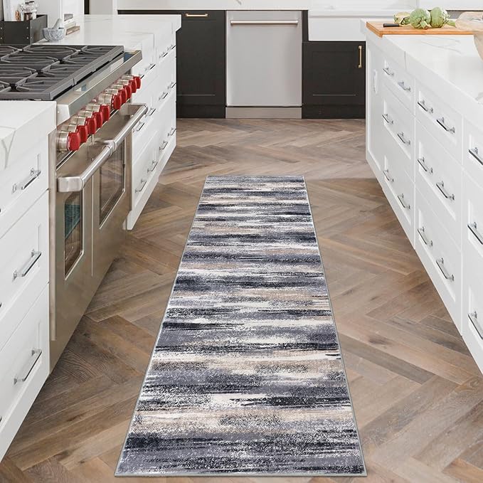 Lansny Modern Abstract Runner Rug 2x6, Grey Black Multi Washable Kitchen Runner Non-Slip Soft Hallway Rug Runner Thin Print Faux Wool Carpet for Entryway Bedroom Laundry Room Indoor