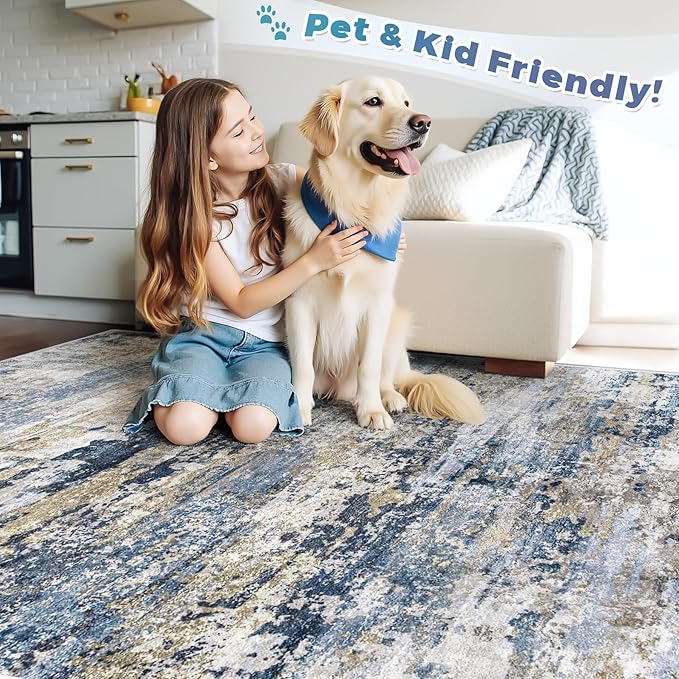 Area Rugs 6x9 for Living Room: Washable Rug Modern Abstract Neutral Soft Non-Slip Low-Pile Indoor Carpet for Bedroom Dining Room Playroom Home Office (Blue Grey Brown, 6'x9')