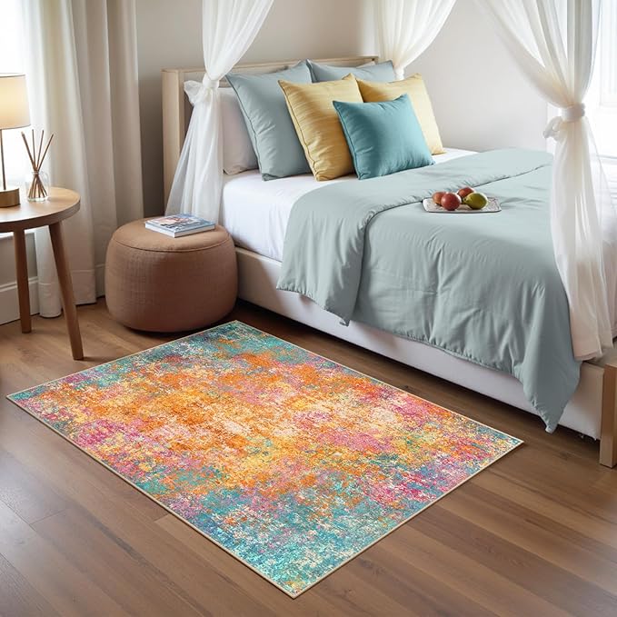 Washable Area Rugs 3'x5' Non-Slip Modern Abstract Soft for Living Room Entryway Bedroom Nursery, Print Pattern, Orange Blue Pink Yellow Colorful
