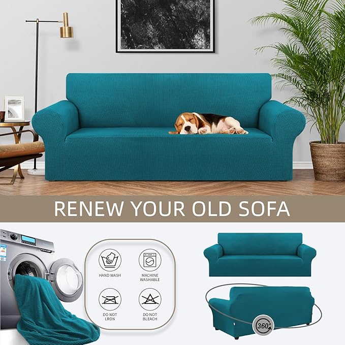 KEKUOU Stretch Sofa Cover Slipcover ，Couch Covers for 3 Cushion Couch Sofa pet Friendly (78"-94") Furniture Protector Sofa with Elastic Bottom for Kids,Dog, Jacquard Small Checked(Large,Peacock Blue)