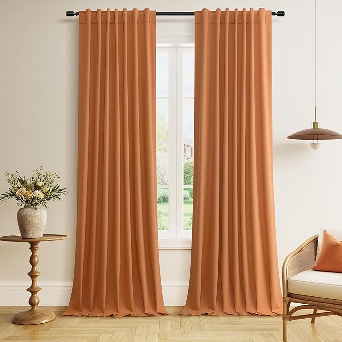 Guken Orange 100% Blackout Linen Curtains 108 Inch Length 2 Panels Set for Living Room Bedroom Back Tab Thermal Insulated Black Out Drapes Room Darkening Farmhouse Window Curtains 52x108
