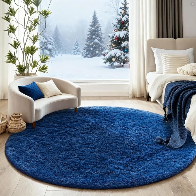 Ophanie Blue Round Rug 5Ft Circle Area Rug, Boys Room Decor, Fluffy Fuzzy Bedroom Carpet, Plush Soft Shaggy Living Room Rugs for Kids Home Decor Aesthetic, Nursery
