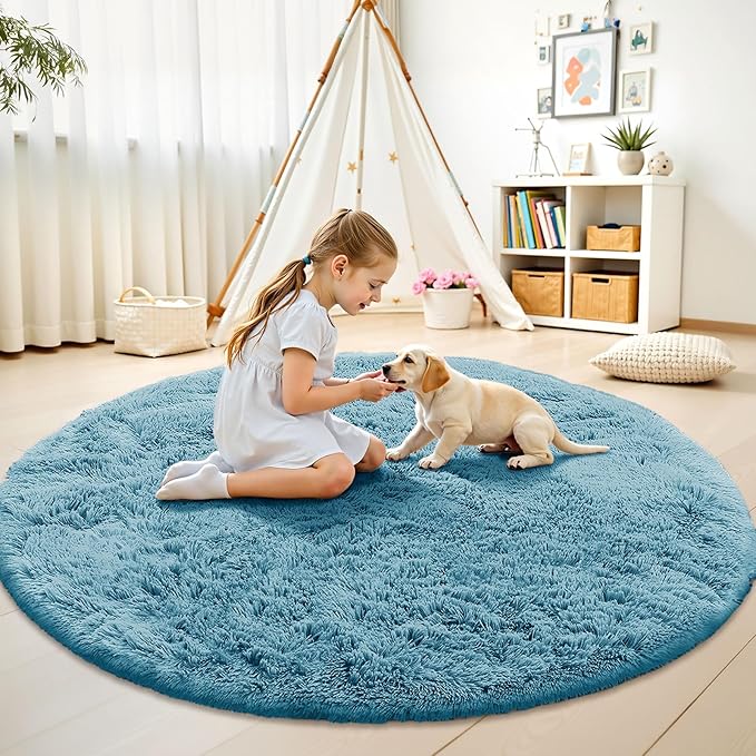 OLANLY Slate Blue Round Rugs for Bedroom - Machine Washable, 4 ft Circle Area Rugs for Living Room, Soft and Fluffy Shaggy Carpet for Teen Girl and Boys, Nursery Rooms, Dorms, Home Decor Aesthetic