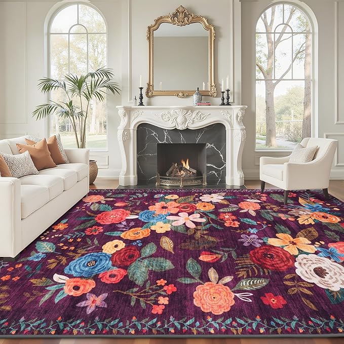 Area Rugs 9x12 Living Room Washable Rug Non Slip Floral Low Pile Large Rug for Living Room, Bedroom, Farmhouse, Dining Room, Kids Playroom(Purple Lawn, 9 x 12)