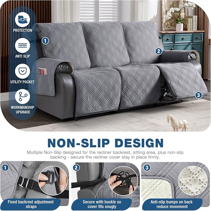 TAOCOCO 100% Waterproof Recliner Sofa Cover, Non Slip Split Couch Covers for Reclining Couches with Elastic Straps, Washable Reclining Sofa Cover Furniture Protector for Kids Pets(3 Seater, Gray)