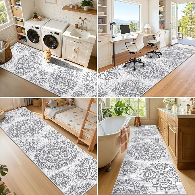 HEBE Hallway Runner Rug 3'x12' Washable Vintage Distressed Area Rugs Non Slip Laundry Rug Runner Boho Floor Carpet Runners for Hallways Entryway Laundry Room Kitchen Bathroom