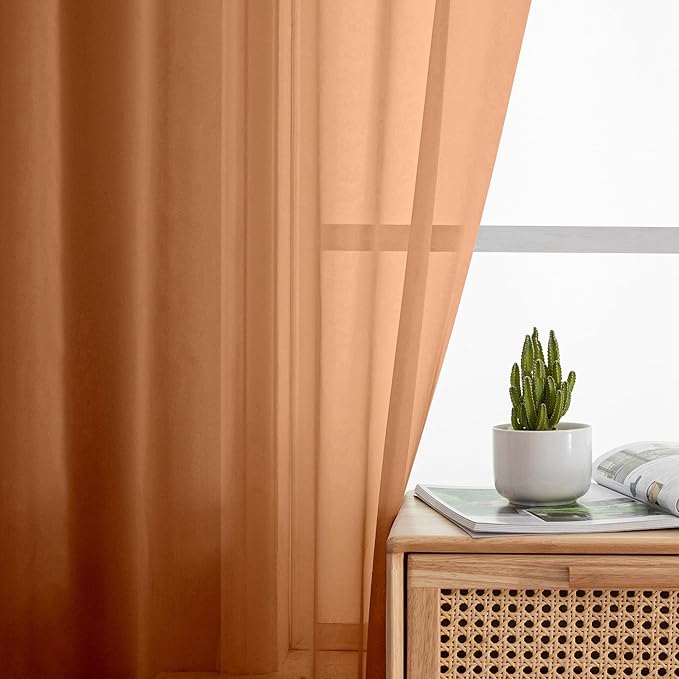 Simplebrand Orange Sheer Curtains 96 Inches Long, Light Filtering Rod Pocket Solid Color Window Sheer Curtain Panels, Elegant Curtains & Drapes for Living Room, Bedroom 2 Panels, 42" W x 96" L
