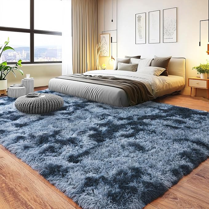 Pionblank 8x10 Rug for Living Room, Fuzzy Plush Large Area Rug, Fluffy Modern Shag Non Slip Soft Furry Carpet for Bedroom Kids Room Nursery Teens Dorm Home Decor, Blue Grey