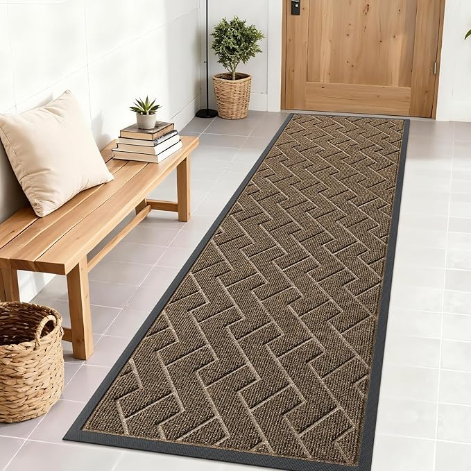 OLANLY Front Door Mat Indoor Outdoor Entrance, Waterproof All-Season, All-Weather Doormat, Sturdy Natural Rubber, Low Profile, Easy Clean Patio Porch Entryway Mat, Herringbone Brick (Brown, 71x23)