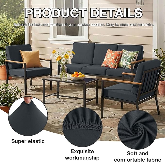 hyha 4Pcs Patio Cushion Covers, Stretch Outdoor Couch Cushion Covers, Washable Outdoor Chair/Sofa Slipcovers for Patio Furniture Cushions Protector with Elastic Bottom(Dark Gray,Cover Only)