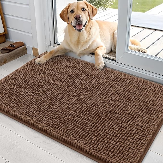 OLANLY Dog Door Mat for Muddy Paws 35x24, Absorbs Moisture and Dirt, Absorbent Non-Slip Washable Doormat, Quick Dry Chenille Mud Mat for Dogs, Entry Indoor Entryway Carpet for Inside Floor, Mocha