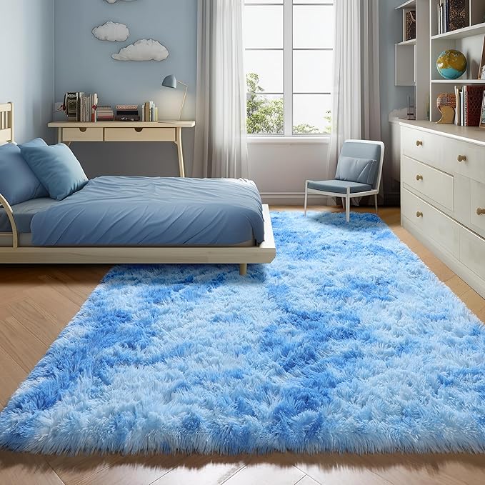 ONASAR Area Rugs for Bedroom Living Room, Fluffy Fuzzy Shag Shaggy 4x6 Bedside Tie-Dye Blue Rug, Soft Plush Indoor Floor Carpet for Nursery Kids Girls Boys Teen Dorm Home Office Decor Aesthetic