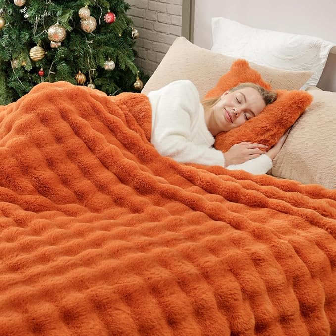 Cozy Bliss Faux Fur Throw Blanket for Bed King Size, Bubble Plush Blanket, Fuzzy Soft & Thick Blanket for Fall Bed Sofa Living Room, 108x90 Inches Halloween Burnt Orange