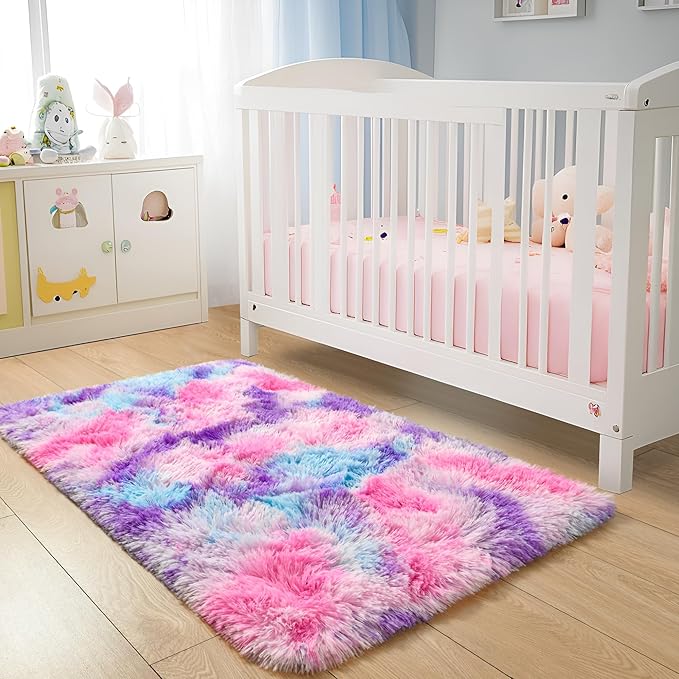 Tepook Soft Rainbow Rug for Girls Room, Cute Fluffy Girls Bedroom Rugs, 2x3 Feet Shaggy Princess Rug Colorful Carpet for Kids Teens Toddler Playroom Nursery Reading Nook, Hot Pink
