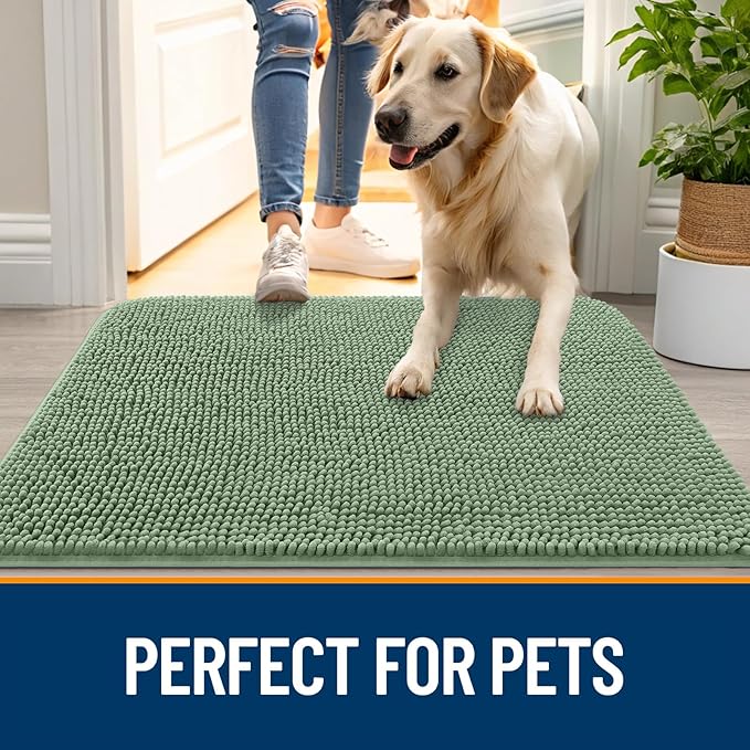 OLANLY Dog Door Mat for Muddy Paws 40x24, Absorbs Moisture and Dirt, Absorbent Non-Slip Washable Doormat, Quick Dry Chenille Mud Mat, Entry Indoor Entryway Carpet for Inside Floor, Olive Green