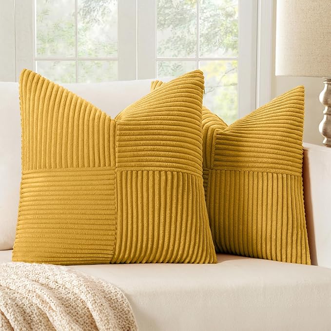 MIULEE Mustard Yellow Decorative Throw Pillow Covers 20x20 Inch for Couch Bed Sofa Pack of 2 Boho Farmhouse Throw Pillows Soft Cross Corduroy Patchwork Textured Cushion Cases