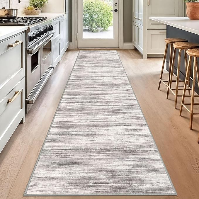KOZYFLY Modern Abstract Washable Rug Runner 2.6x12 Hallway Rug Runner Non-Slip Soft Kitchen Runner Rugs, Grey/Light Beige/Brown Striped Carpet for Entryway Bathroom